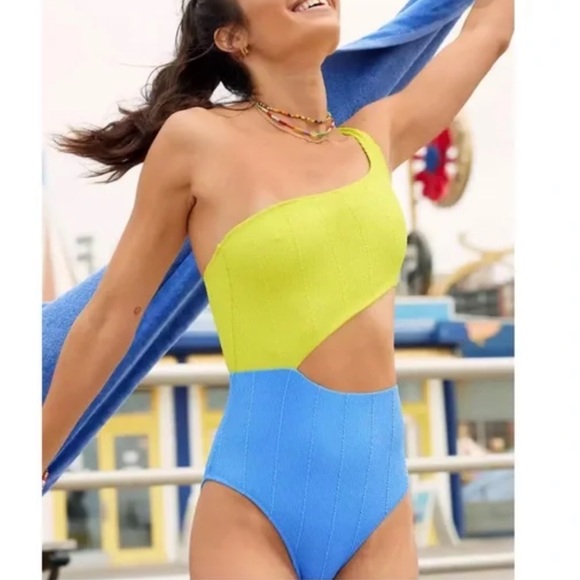 aerie Other - Aerie Lime Green and Sky Blue One-Shoulder One Piece